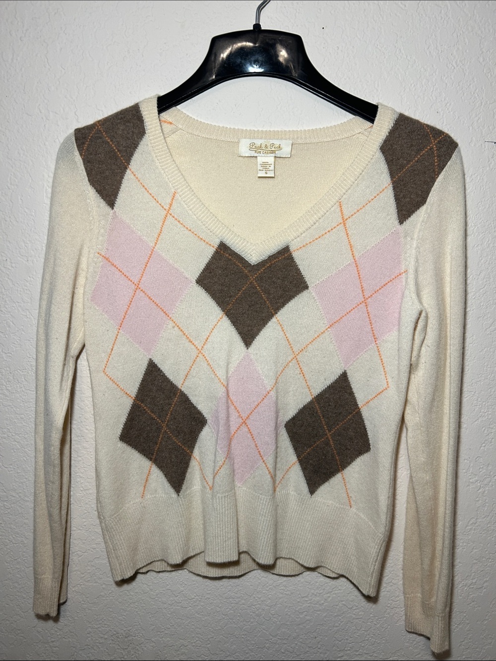 Peck & Peck Cashmear Argyle  Sweater Diamond Pattern Cream, Pink & Brown